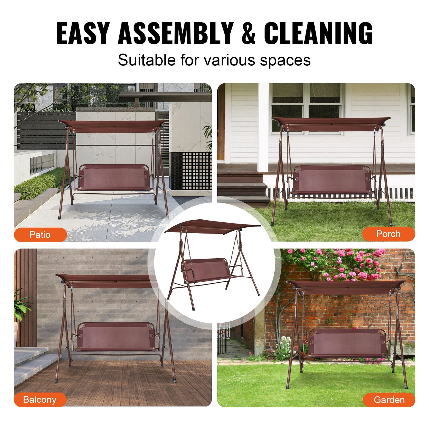 3-Personen-Terrassenschaukelstuhl, Terrassenschaukel mit verstellbarem Baldachin, Verandaschaukel mit Armlehne, Teslin-Stoff und Rahmen aus legiertem Stahl, für Balkon, Hinterhof, Terrasse, Garten, Poolrand, Braun