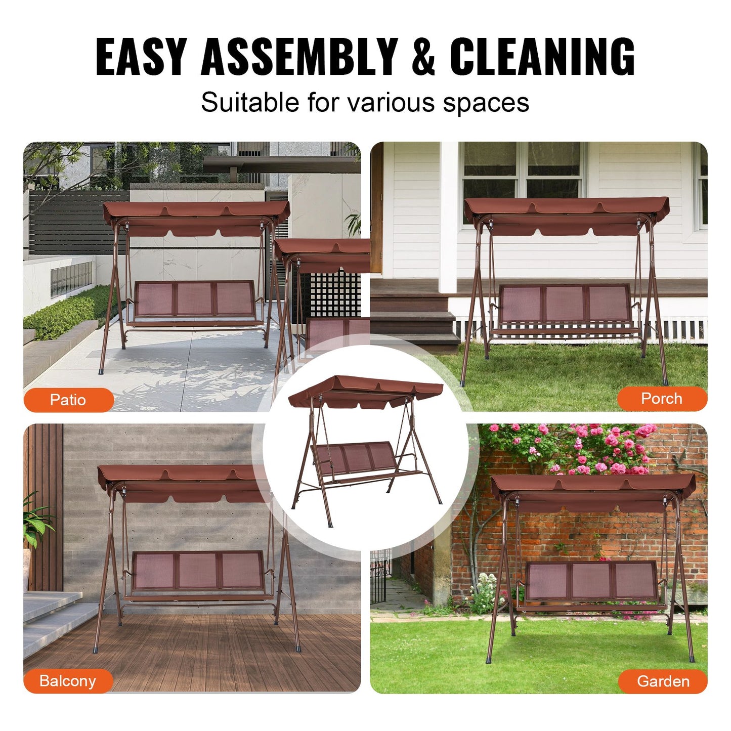 3-sits uteplatsgungstol, uteplatsgunga med justerbar kapell, verandagunga med armstöd, Teslin-tyg och stomme av legerat stål, för balkong, bakgård, uteplats, trädgård, vid poolen, brun