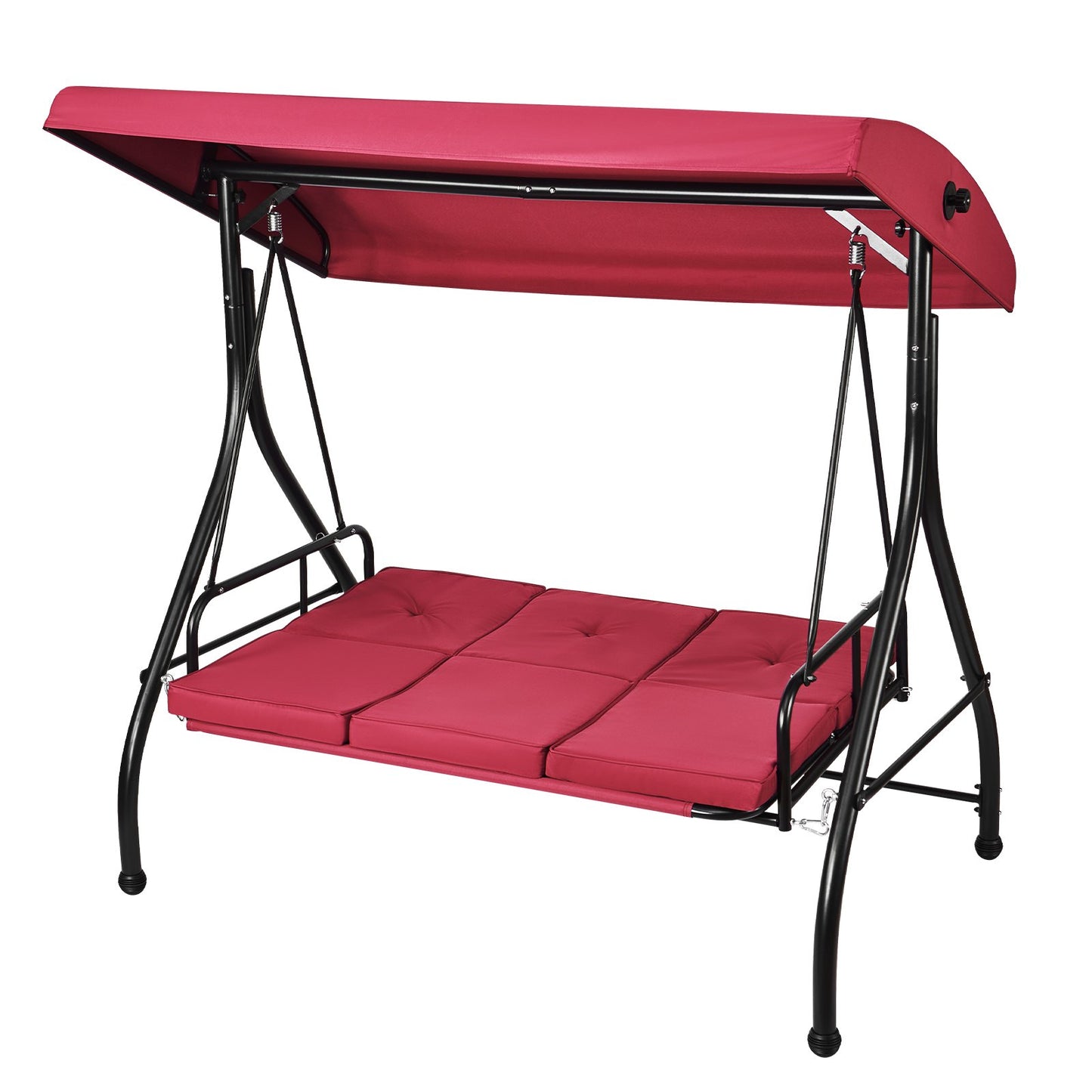 3-Sitzer-Terrassenschaukelstuhl, umbaubare Baldachinschaukel, Terrassenveranda im Freien mit verstellbarem Baldachin, abnehmbarem, dickem Kissen und Rahmen aus legiertem Stahl, für Balkon, Hinterhof, Poolrand, Burgunderrot