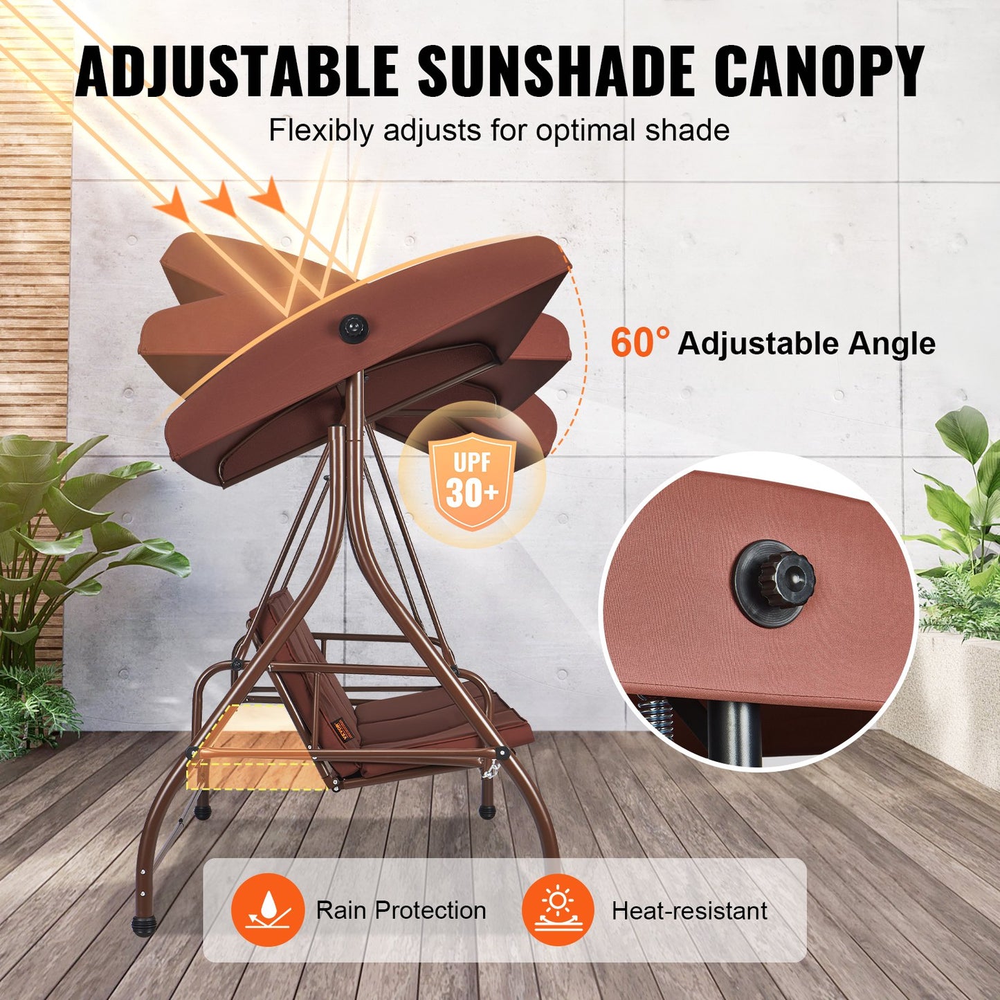 3-Sitzer-Terrassenschaukelstuhl, umbaubare Baldachinschaukel, Terrassenveranda mit verstellbarem Baldachin, abnehmbarem, dickem Kissen und Rahmen aus legiertem Stahl, für Balkon, Hinterhof, Poolrand, Braun