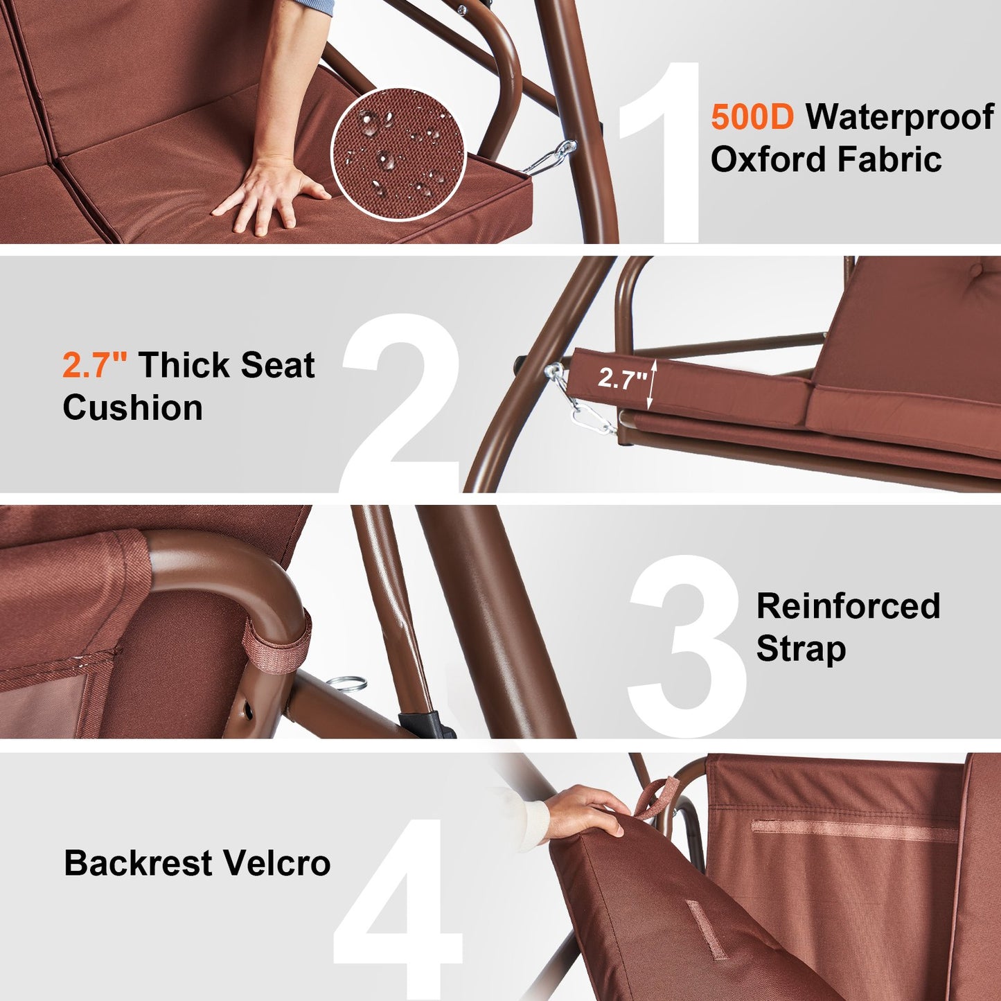 3-Sitzer-Terrassenschaukelstuhl, umbaubare Baldachinschaukel, Terrassenveranda mit verstellbarem Baldachin, abnehmbarem, dickem Kissen und Rahmen aus legiertem Stahl, für Balkon, Hinterhof, Poolrand, Braun