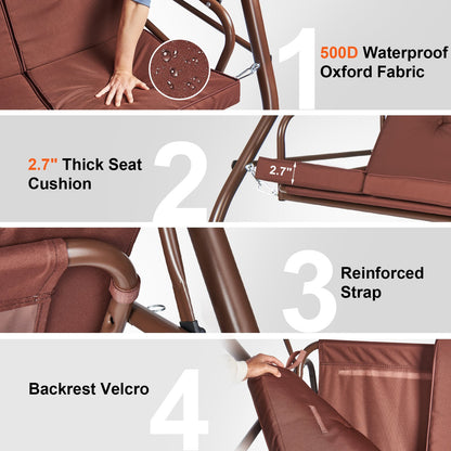 3-Sitzer-Terrassenschaukelstuhl, umbaubare Baldachinschaukel, Terrassenveranda mit verstellbarem Baldachin, abnehmbarem, dickem Kissen und Rahmen aus legiertem Stahl, für Balkon, Hinterhof, Poolrand, Braun