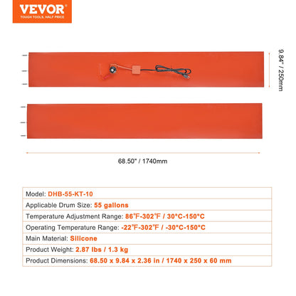 Metal Drum Heater, 1200 Watt 10 inch Width, Pail Heating Band for 55 Gallon Barrel, 86-302℉ Adjustable Thermostat, High Efficiency Silicone Grease Keg Heater, FCC Listed Orange