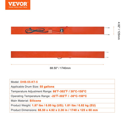 Metal Drum Heater, 1200 Watt 5 inch Width, Pail Heating Band for 55 Gallon Barrel, 86-302℉ Adjustable Thermostat, High Efficiency Silicone Grease Keg Heater, FCC Listed Orange