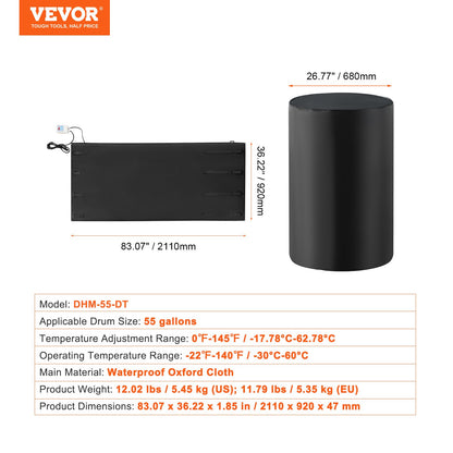 Metal Drum Heater, 1300 Watt, Pail Heating Band for 55 Gallon Barrel, 0-145℉ Adjustable with Independent Thermostat, Waterproof Oxford Fabric High Efficiency Grease Keg Heater, FCC Listed