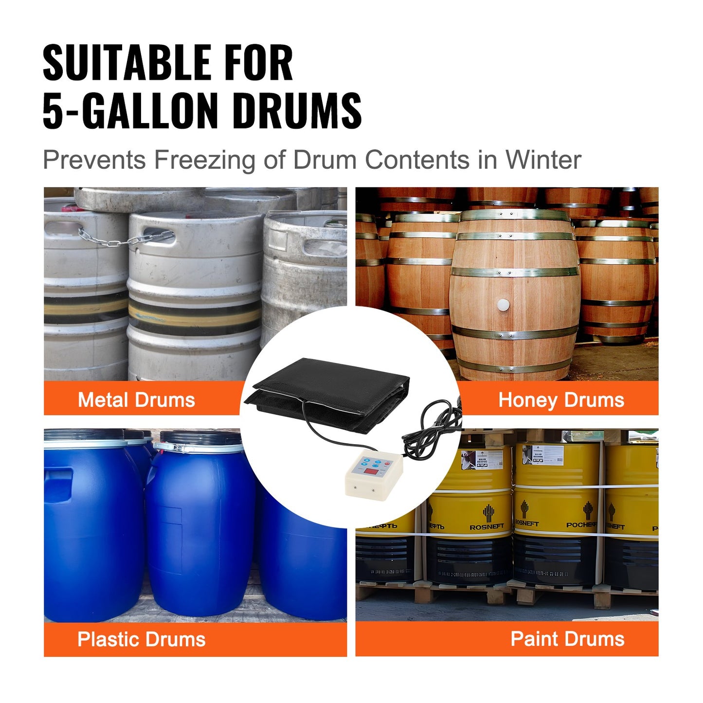5 Gal Metal Drum Heater 250W 0-145℉ Adjustable with Independent Thermostat