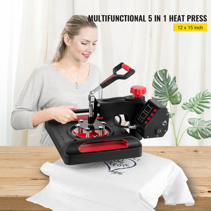 Heat Press Machine 12 x 15 Inch 360° Rotation Swing Away Red Heat Press 5 In 1 Heat Press 1000W Sublimationsmaskin 5 I 1 Skjorta tryckmaskin Dual-Tube Värme för gör-det-själv muggar och t-shirts Keps