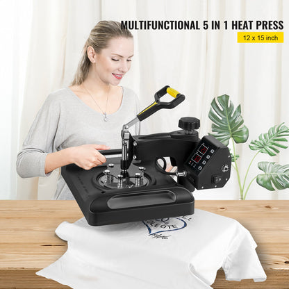 Heat Press Machine 12 x 15 Inch 5 In 1 Skjorte Printing Machine 360° Rotation Swing Away Heat Press 5 In 1 Heat Press 1000W Sublimeringsmaskin Dual-Tube Uppvärmning för DIY T-muggar och skjortor Keps