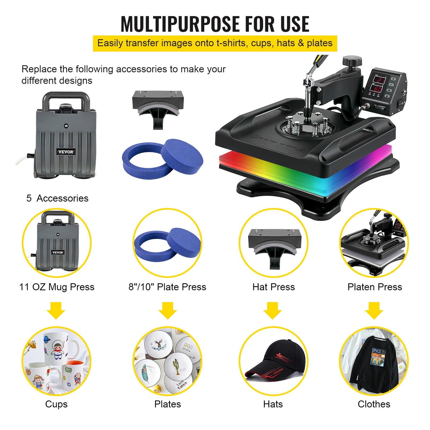 Heat Press Machine 15 x 15 Inch 360° Rotation Swing Away Black Heat Press 5 In 1 Shirt Print Machine 5 In 1 Heat Press 1000W Sublimation Machine Dual-Tube Heating for DIY Cap Plates Mugs
