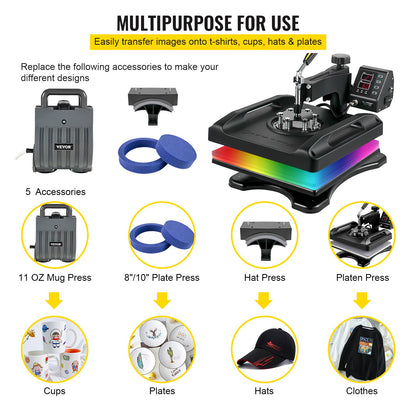 Heat Press Machine 15 x 15 Inch 360° Rotation Swing Away Black Heat Press 5 In 1 Shirt Print Machine 5 In 1 Heat Press 1000W Sublimation Machine Dual-Tube Heating for DIY Cap Plates Mugs