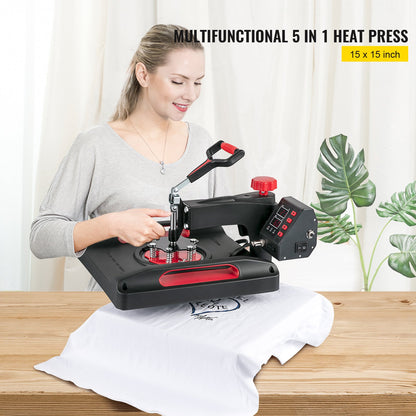 Heat Press Machine 15 x 15 Inch 360° Rotation Swing Away Red Heat Press 5 In 1 Shirt Printing Machine 5 In 1 Heat Press 1000W Sublimeringsmaskin Dual-Tube Uppvärmning för DIY tallrikar Cap Muggar