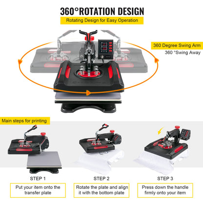 Heat Press Machine 15 x 15 Inch 360° Rotation Swing Away Red Heat Press 5 In 1 Shirt Printing Machine 5 In 1 Heat Press 1000W Sublimeringsmaskin Dual-Tube Uppvärmning för DIY tallrikar Cap Muggar