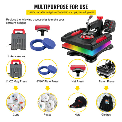 Heat Press Machine 15 x 15 Inch 360° Rotation Swing Away Red Heat Press 5 In 1 Shirt Printing Machine 5 In 1 Heat Press 1000W Sublimeringsmaskin Dual-Tube Uppvärmning för DIY tallrikar Cap Muggar