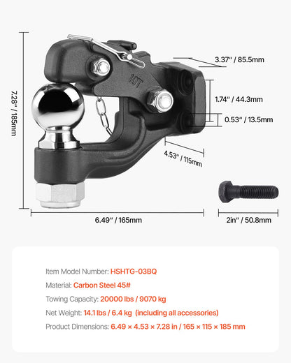 Pintle Hitch 2-5/16" Mount Hitch Ball för 2,5"-3" Lunette Ring 20000 lbs