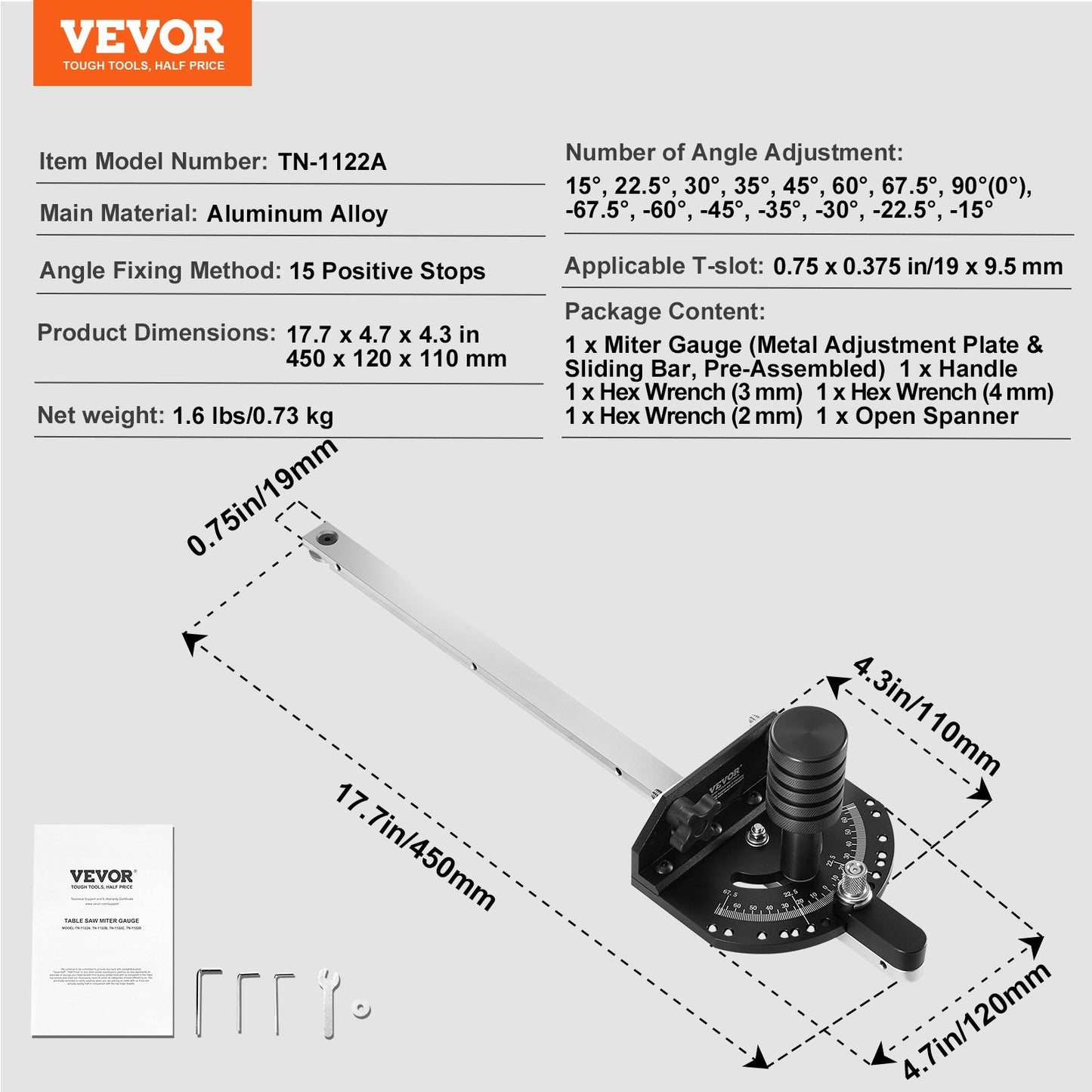 Accurate Miter Gauge, Fits Slots 3/4'' x 3/8'', Crafted from Aluminum Alloy, Features 15 Adjustable Angle Stops, Spring-Loaded Plunger & Detachable Disc, Ideal for Woodwork & Table Saws