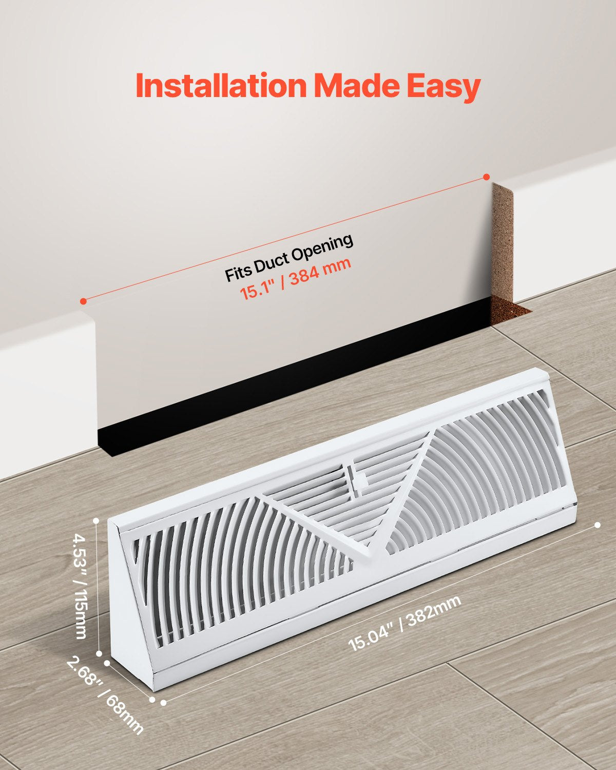 15-Inch Floor Registers, 10-Pack Baseboard Registers, HVAC Heavy-Duty Walkable Iron Floor Vents, Rustproof Anti-Peeling Air Vents Deflector Adjustable with Metal Damper for Home & Office, White