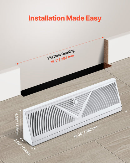 15-Inch Floor Registers, 10-Pack Baseboard Registers, HVAC Heavy-Duty Walkable Iron Floor Vents, Rustproof Anti-Peeling Air Vents Deflector Adjustable with Metal Damper for Home & Office, White