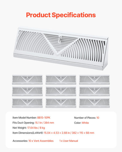 15-Inch Floor Registers, 10-Pack Baseboard Registers, HVAC Heavy-Duty Walkable Iron Floor Vents, Rustproof Anti-Peeling Air Vents Deflector Adjustable with Metal Damper for Home & Office, White