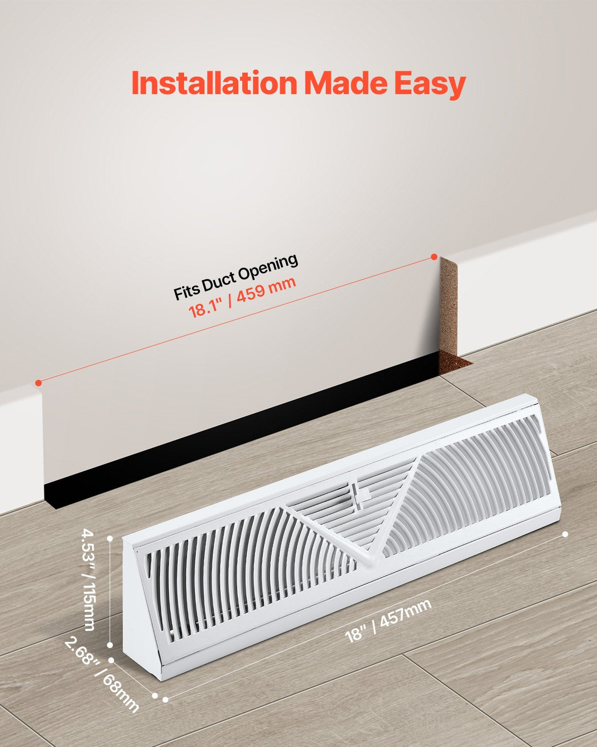 18-Inch Floor Registers, 10-Pack Baseboard Registers, HVAC Heavy-Duty Walkable Iron Floor Vents, Rustproof Anti-Peeling Air Vents Deflector Adjustable with Metal Damper for Home & Office, White