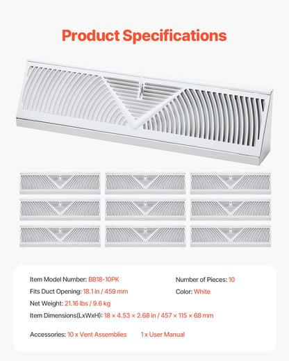 18-Inch Floor Registers, 10-Pack Baseboard Registers, HVAC Heavy-Duty Walkable Iron Floor Vents, Rustproof Anti-Peeling Air Vents Deflector Adjustable with Metal Damper for Home & Office, White