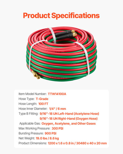 Oxygen Acetylene Hose, 1/4-Inch x 100FT Oxy Acetylene Hose with 9/16"-18 B Fitting, 300PSI T Grade Welding Cutting Torch Twin Hose, Compatible with Oxygen, Acetylene, Propane and Other Fuel Gases
