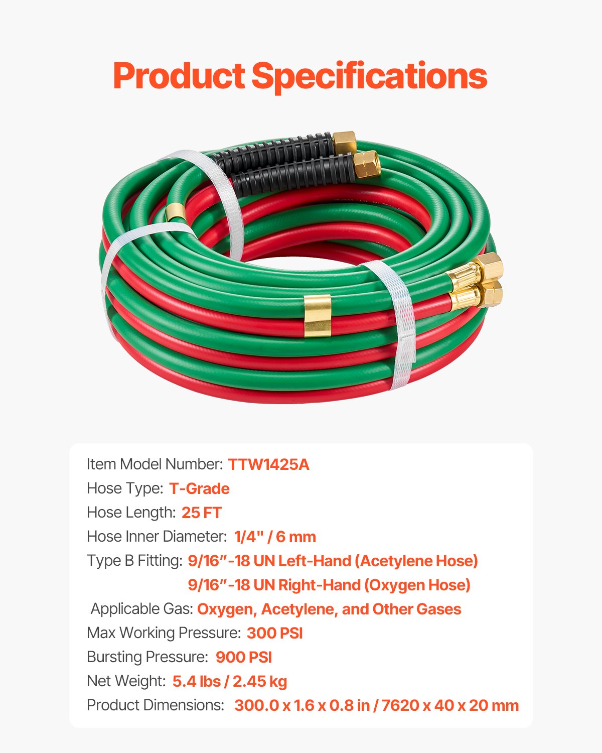 Oxygen Acetylene Hose, 1/4-Inch x 25FT Oxy Acetylene Hose with 9/16"-18 B Fitting, 300PSI T Grade Welding Cutting Torch Twin Hose, Compatible with Oxygen, Acetylene, Propane and Other Fuel Gases