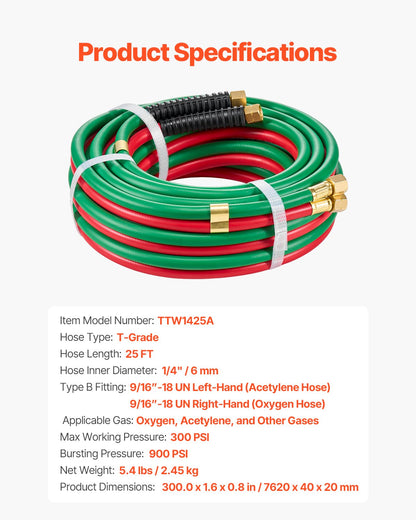 Oxygen Acetylene Hose, 1/4-Inch x 25FT Oxy Acetylene Hose with 9/16"-18 B Fitting, 300PSI T Grade Welding Cutting Torch Twin Hose, Compatible with Oxygen, Acetylene, Propane and Other Fuel Gases