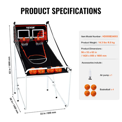 Hopfällbar inomhus Double Shot Basket Arcade Game 2 Player 4 Balls