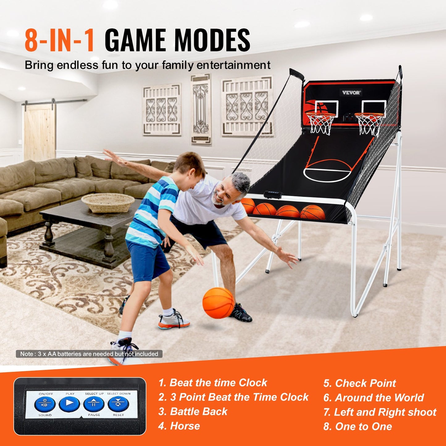 Foldable Basketball Arcade Game, 2 Player Indoor Basketball Game, Home Dual Shot Sport with 4 Balls, 8 Game Modes, Electronic Scoreboard, and Inflation Pump, for Kids, Adults (Black & White)