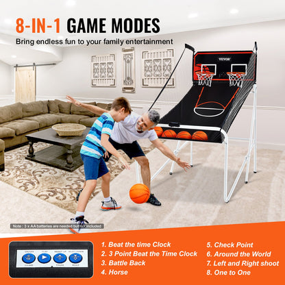 Foldable Basketball Arcade Game, 2 Player Indoor Basketball Game, Home Dual Shot Sport with 4 Balls, 8 Game Modes, Electronic Scoreboard, and Inflation Pump, for Kids, Adults (Black & White)