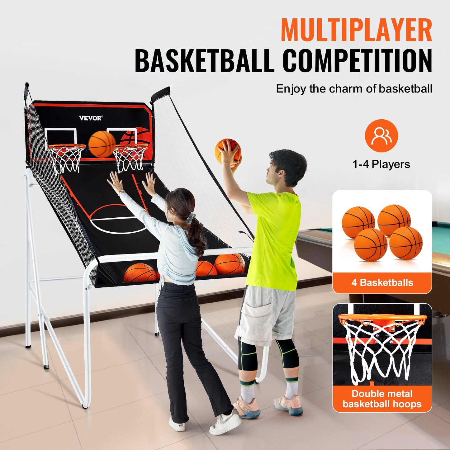Foldable Basketball Arcade Game, 2 Player Indoor Basketball Game, Home Dual Shot Sport with 4 Balls, 8 Game Modes, Electronic Scoreboard, and Inflation Pump, for Kids, Adults (Black & White)