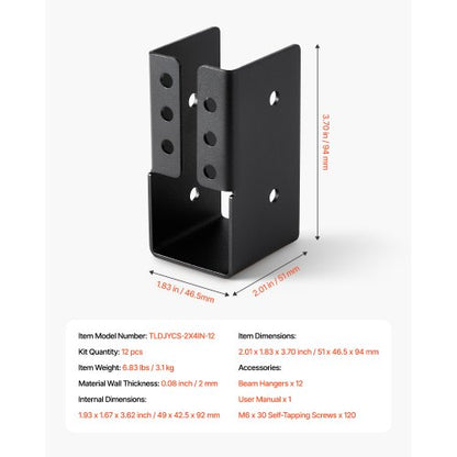 12 Stück Balkenhalterungen für 49 x 92 mm Balken, verdeckte Balkenhalterung