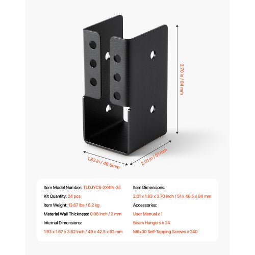 24 Stück Balkenhalterungen für 49 x 92 mm Balken, verdeckte Balkenhalterung