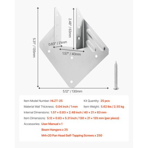 Hurricane-stag för takstolar, innermått 5,31x1,57x2,48 tum/135x40x63 mm, 25 st