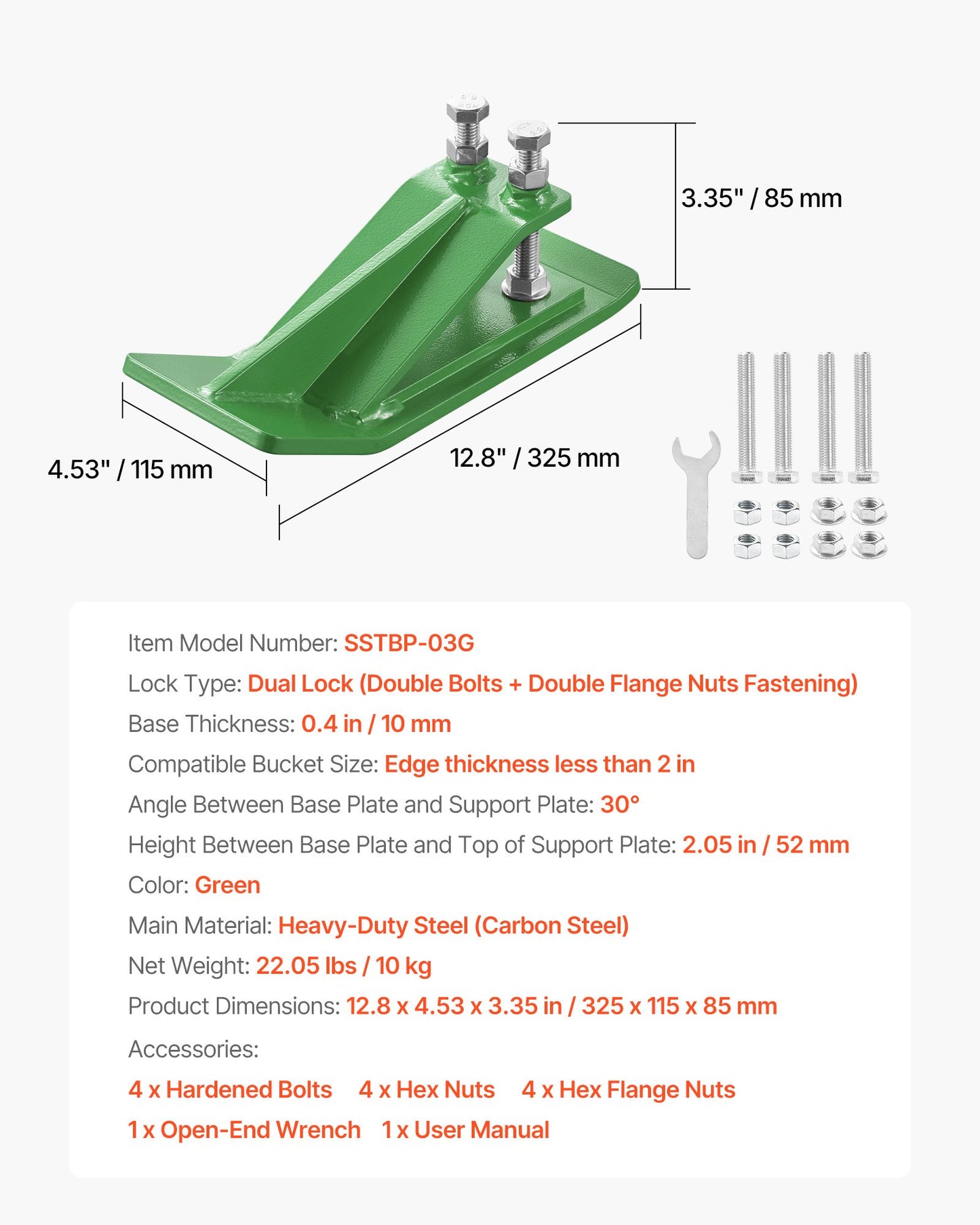 Tractor Bucket Protector, 2PCS Heavy Duty Steel Bucket Edge Protectors, Edge Tamer Anti-Skid Device with Double Hexagon Lock Nuts and Bolts, for Snow, Leave Removal & Spreading Gravel (Green)