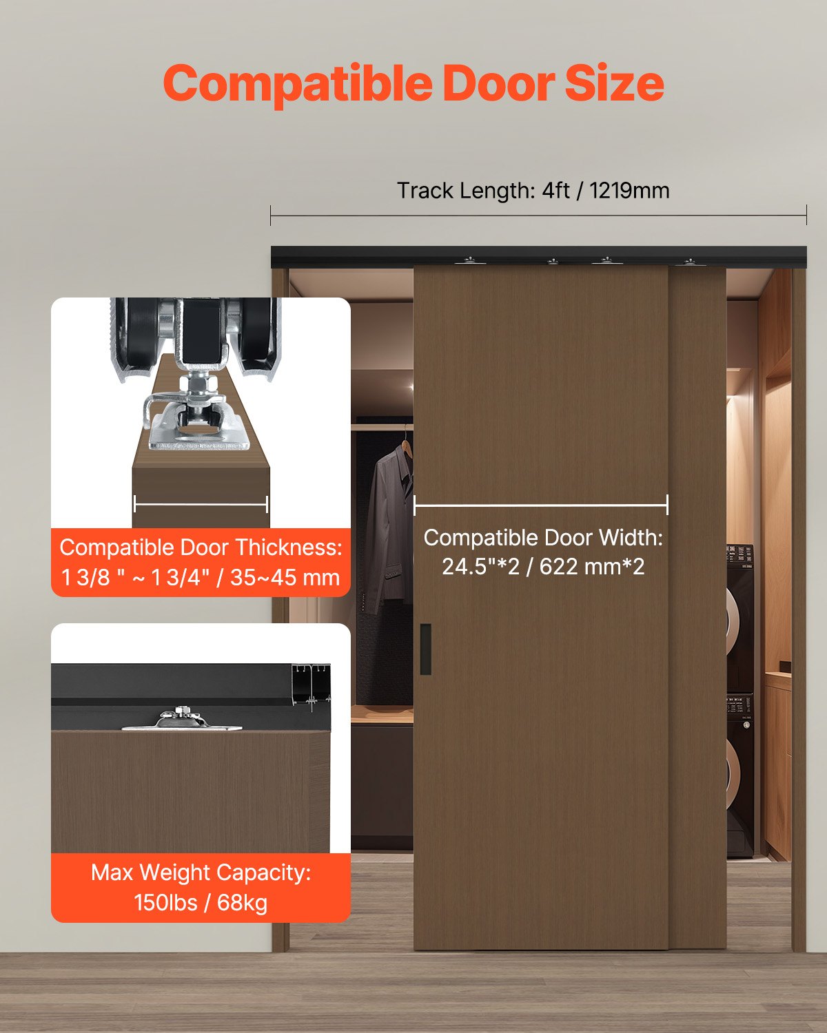 Bypass Door Hardware 4ft Bypass Closet Door Track Kit for 2-Door System