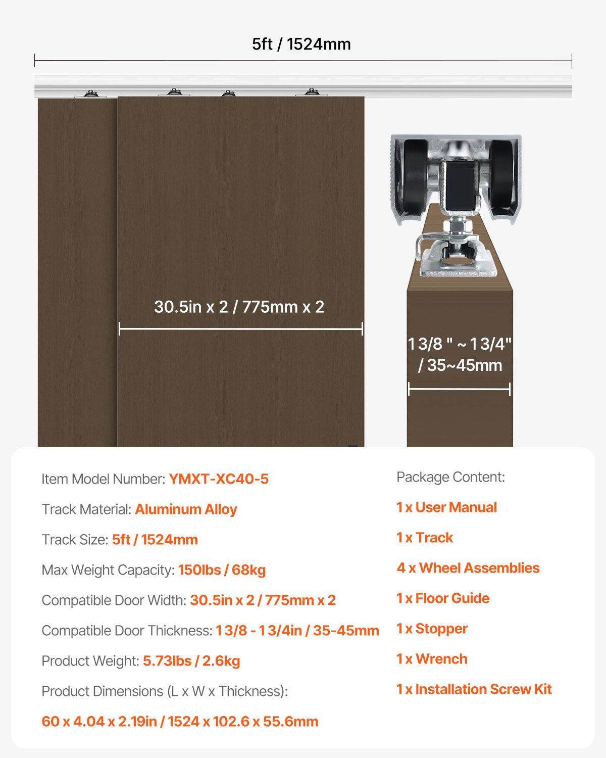 Bypass Door Hardware, 5ft Heavy Duty Bypass Sliding Door Hardware Kit, Aluminum Alloy Sliding Closet Door Hardware Set for 2 Door System, Fit Door Thickness 1 3/8 " - 1 3/4", Easy to Install