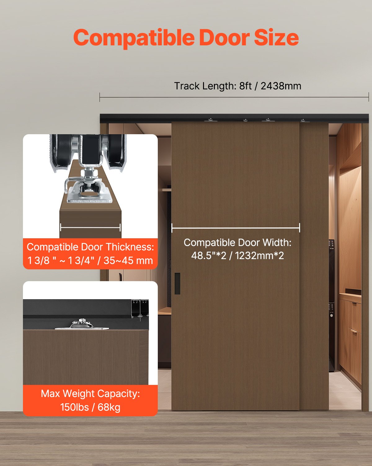 Bypass Door Hardware 8ft Bypass Closet Door Track Kit för 2-dörrars system