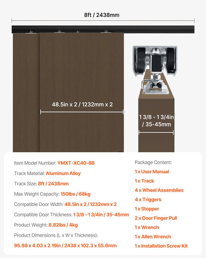 Bypass Door Hardware, 8ft Heavy Duty Bypass Sliding Door Hardware Kit, Aluminum Alloy Sliding Closet Door Hardware Set with Finger Pulls, for 2 Door System, Fit Door Thickness 1 3/8" - 1 3/4"