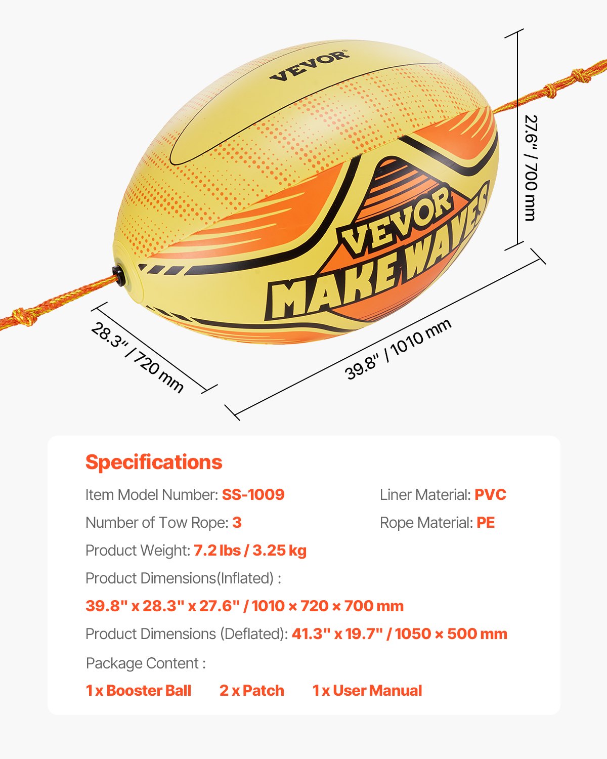 Booster Ball, Towable Tube Rope Performance Ball, Thickened PVC Inflatable Booster Balls for Boating and Water Sports - with High Tensile Strength Rope and Speed Safety Valve