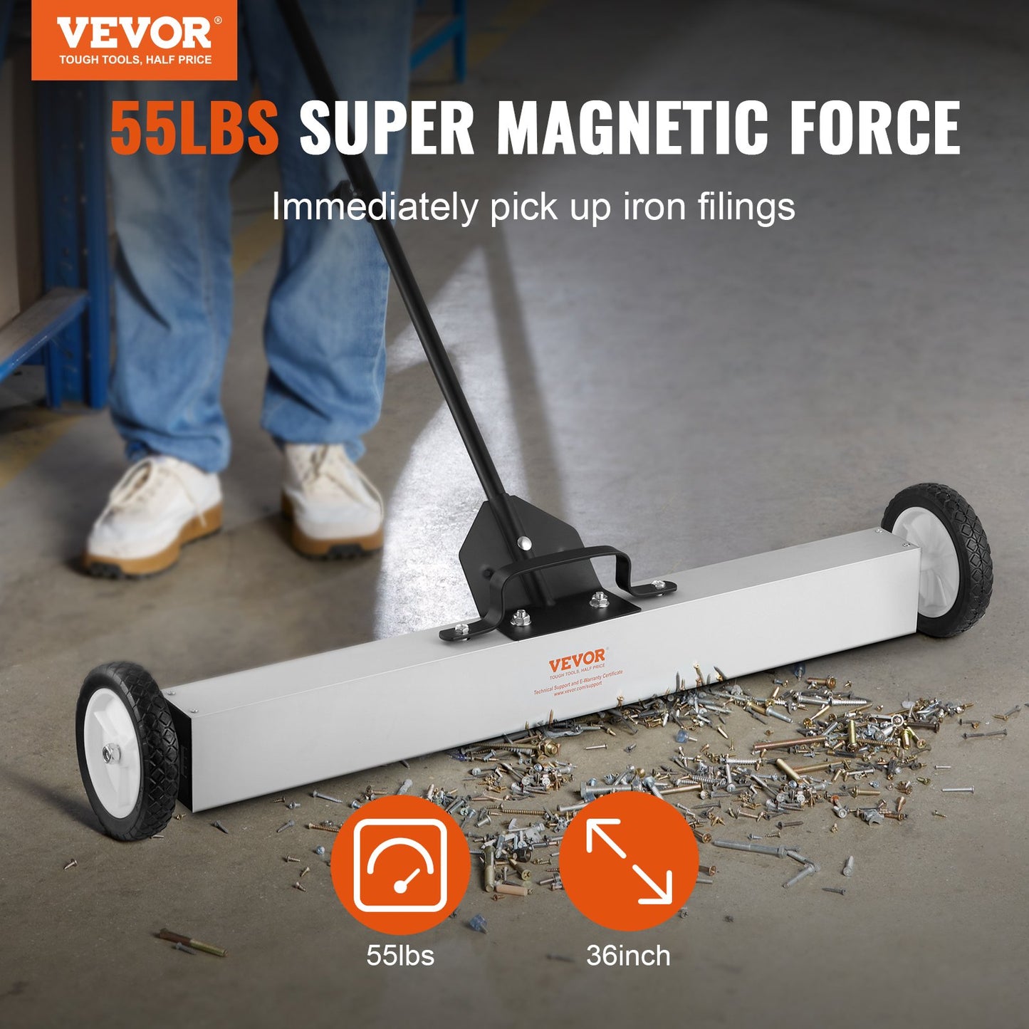 55 Pound Rolling Magnetic Sweeper with Wheels, Magnetic Pickup Push Type Sweeper, 24 Inch Pickup with Large Magnet Lawn Sweeper with Telescopic Handle, Easy Cleaning of Workshop Garage Yard