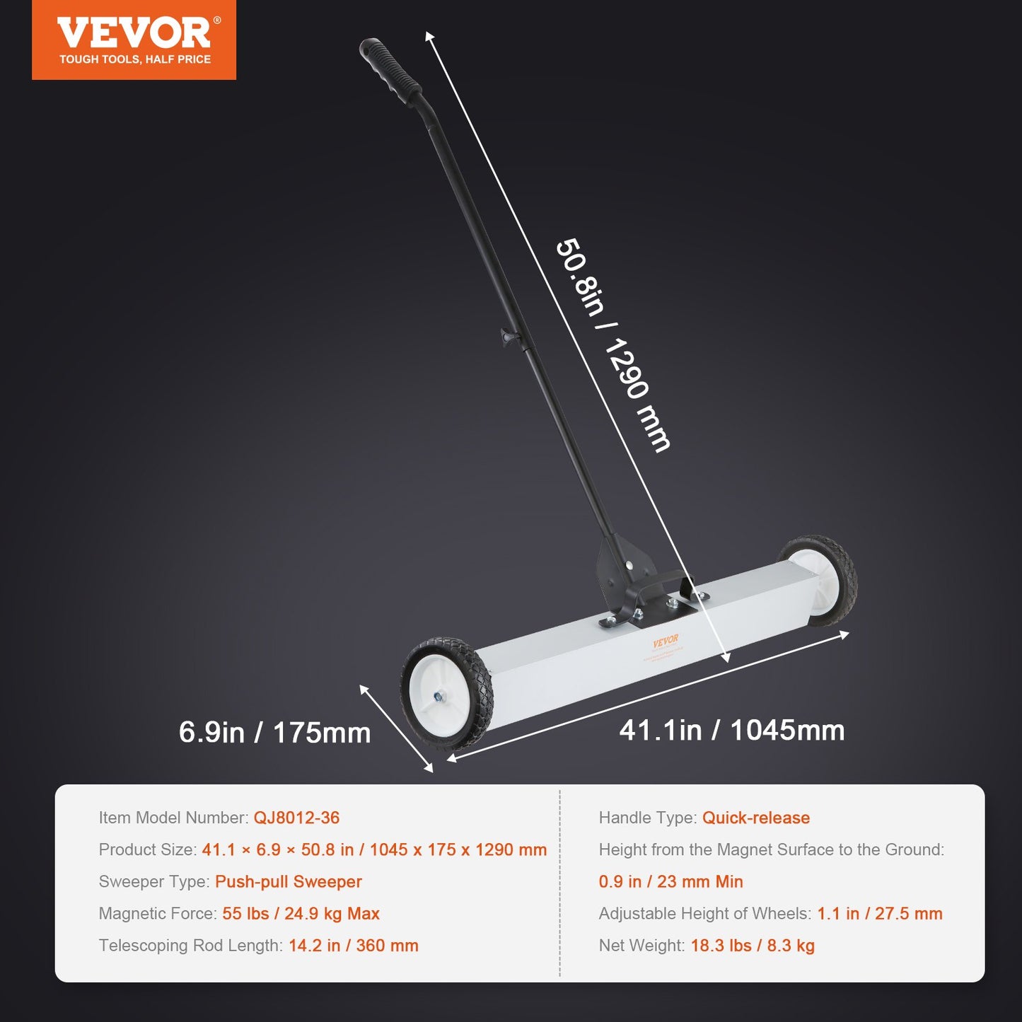 55 Pound Rolling Magnetic Sweeper with Wheels, Magnetic Pickup Push Type Sweeper, 24 Inch Pickup with Large Magnet Lawn Sweeper with Telescopic Handle, Easy Cleaning of Workshop Garage Yard