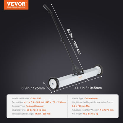 55 Pound Rolling Magnetic Sweeper with Wheels, Magnetic Pickup Push Type Sweeper, 24 Inch Pickup with Large Magnet Lawn Sweeper with Telescopic Handle, Easy Cleaning of Workshop Garage Yard