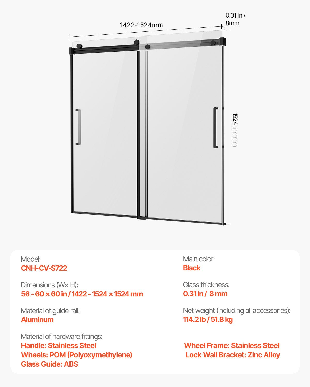 Frameless Sliding Bathtub Door, 56-60 in.W x 60 in.H, Frameless Shower Glass Door, Frameless Double Sliding Tub Door with 5/16 in Clear Tempered Glass and Stainless Steel Handle, Black Finish