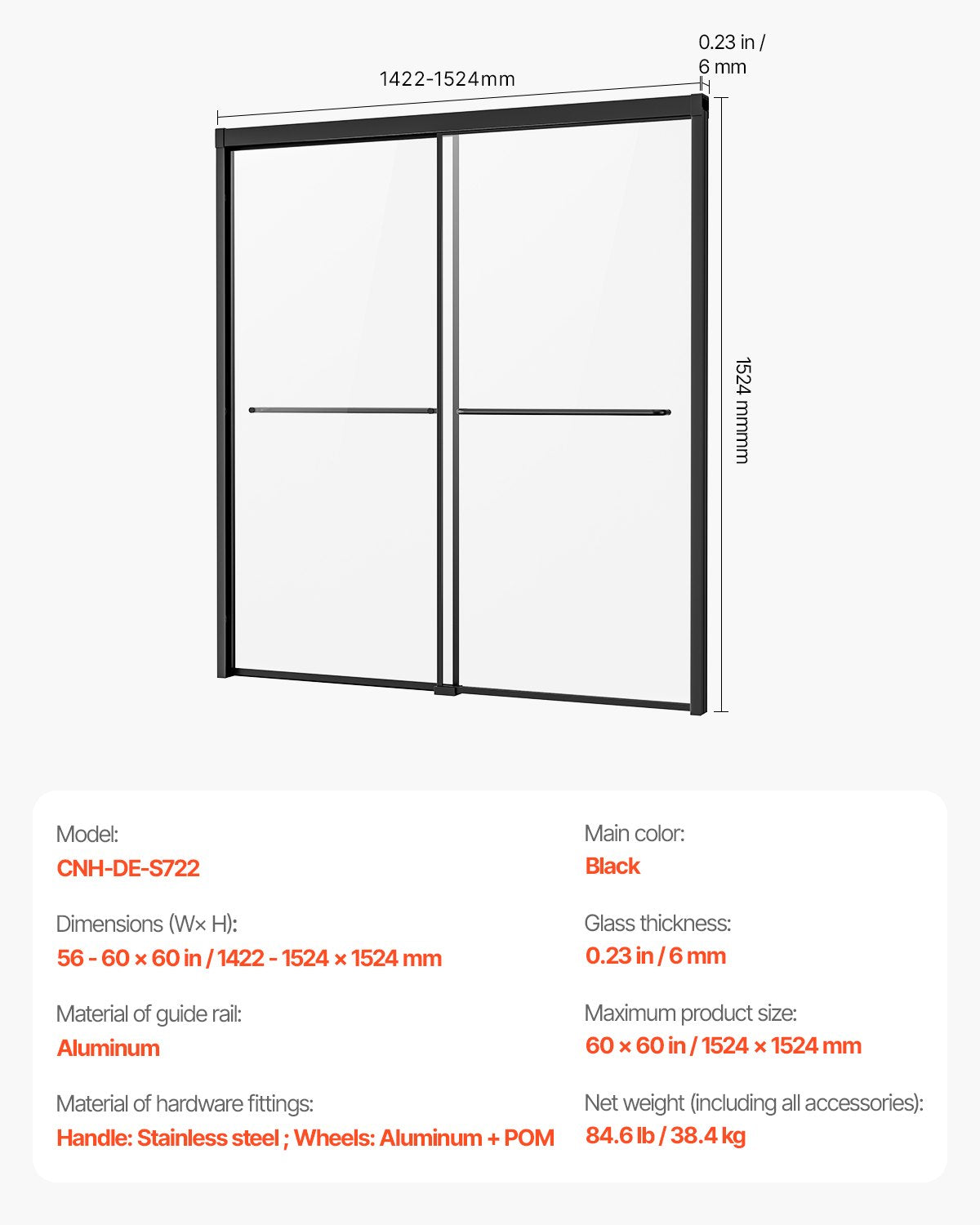 Badkarsduschdörr 50-60 tum B x 60 tum H Halvramlös bypass-badkarsdörr