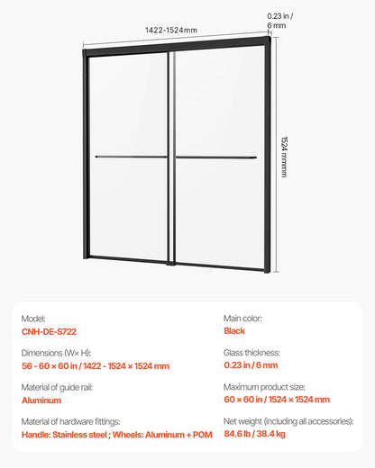 Badkarsduschdörr 50-60 tum B x 60 tum H Halvramlös bypass-badkarsdörr