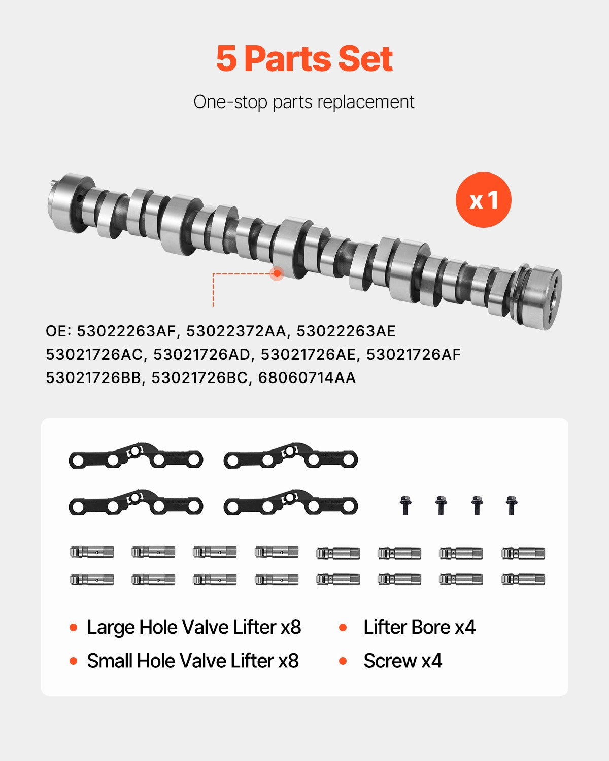 Lifter Camshaft Kit, 5-Piece Set, Gray Cast Iron Engine Cam, for 2009-2019 Dodge Ram 1500 5.7L, 2009 Dodge Durango 5.7L, Fits V8 5.7L Engines, Trucks / Large SUVs