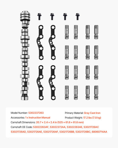 Lifter Camshaft Kit, 5-Piece Set, Gray Cast Iron Engine Cam, for 2009-2019 Dodge Ram 1500 5.7L, 2009 Dodge Durango 5.7L, Fits V8 5.7L Engines, Trucks / Large SUVs