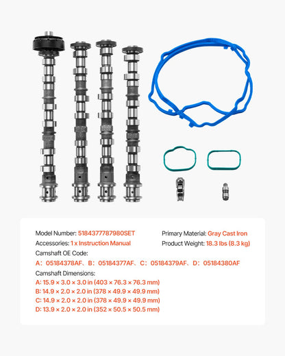 Engine Camshafts Rockers Arm Lifters Kit, Cam Replacement for 2011-2016 Jeep Cherokee/Wrangler/Grand Cherokee, 2011-2016 Dodge Caravan/Journey/Durango