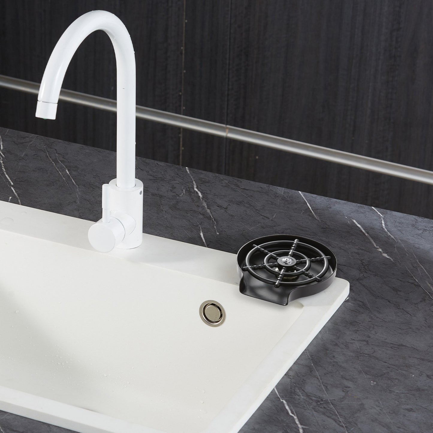 Glass Rinser, 10 Powerful Spraying Jets 360° Rotating Cup Rinser for Sink, 304 Stainless Steel Faucet Cup Washer with ABS Cup Holder for Baby Bottle, Glass Cup, Wine Glass (Matte Black Base)